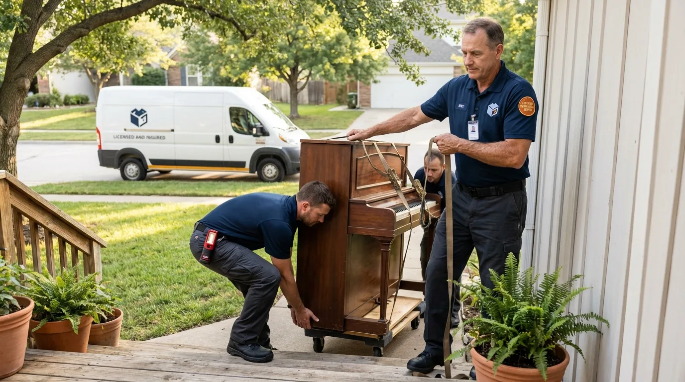 Licensed piano movers securing grand piano in Lewis Center, OH