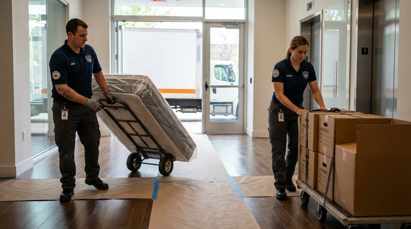 Professional apartment movers loading elevator in Lewis Center, OH